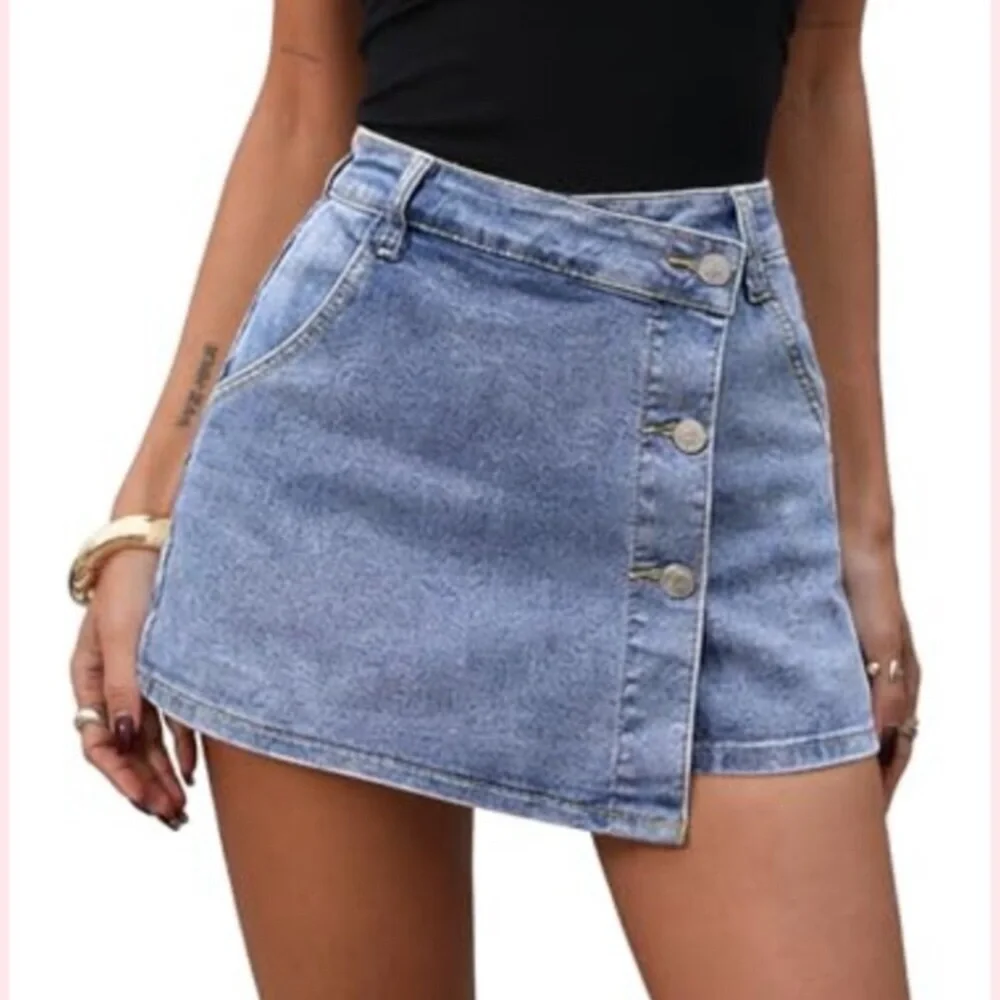 High Waisted Denim Skort Stretch Asymmetrical Mini Skirt with Shorts